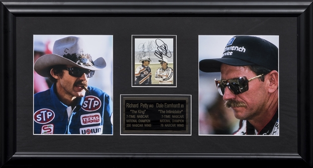 Richard Petty & Dale Earnhardt Sr. Dual Signed Cut With Photos In 31x17 Framed Display (Beckett)